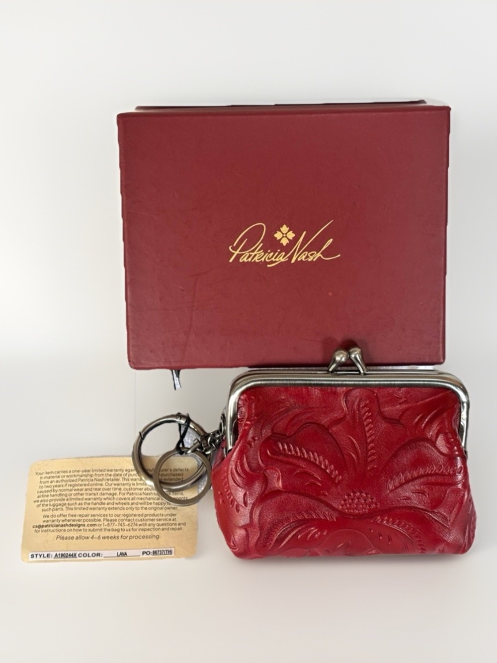 Patricia Nash Frame Pouch Red Tooled Leather Coin Purse Kisslock Clutch Key Ring